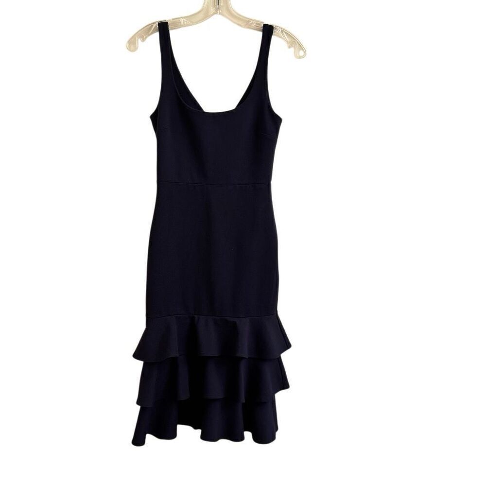 Amanda Uprichard Eloise Midi Dress Tiered Ruffle Hem Navy Blue Size P = XS